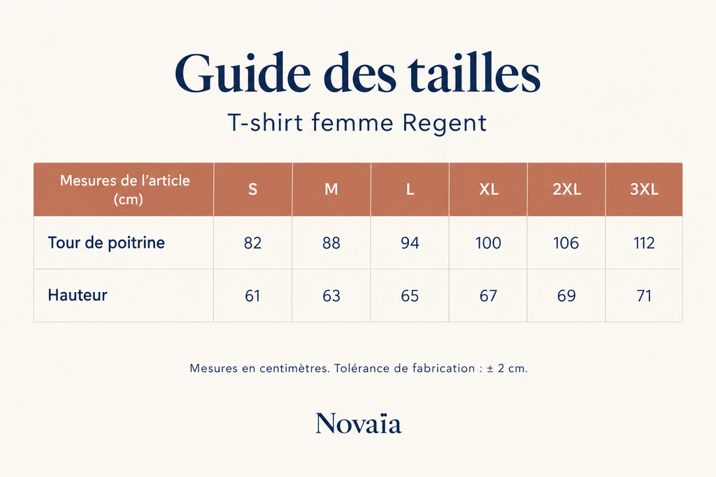 Guide des tailles femme aux couleurs de Novaïa