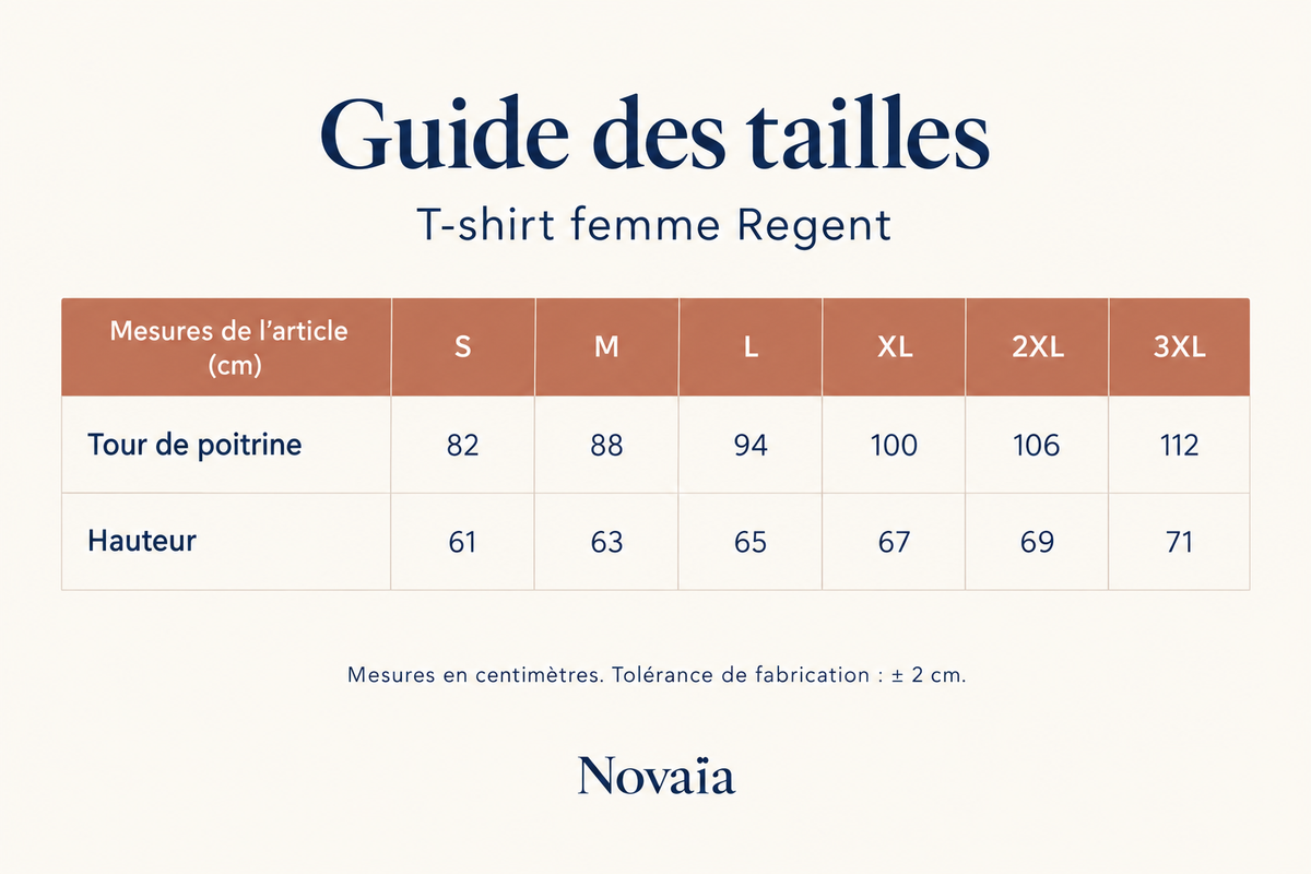 Guide des tailles femme aux couleurs de Novaïa