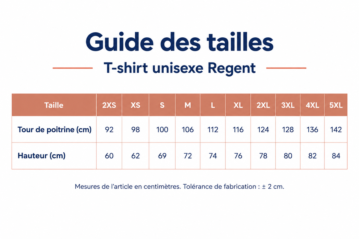 Guide des tailles du T-shirt unisexe Regent, mesures en centimètres du 2XS au 5XL, tolérance de fabrication de ± 2 cm.
