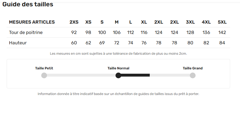 Guide des tailles du t-shirt Regent : tour de poitrine et hauteur en centimètres, tolérance de fabrication de plus ou moins 2 cm