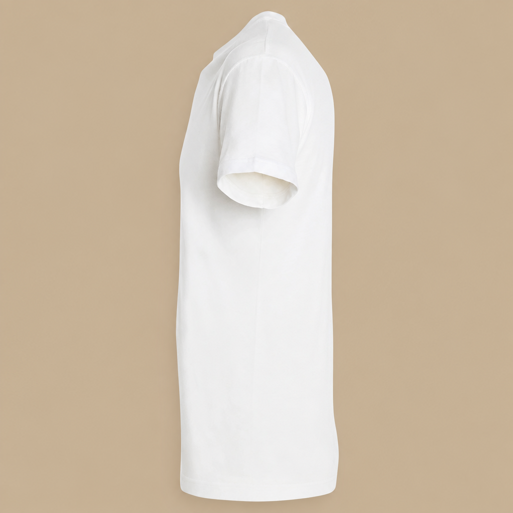 T-shirt Regent blanc sur fond beige, vue de profil